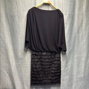 Frank Lyman Design Black Asymmetrical Sheath Dress with Dolman Sleeves